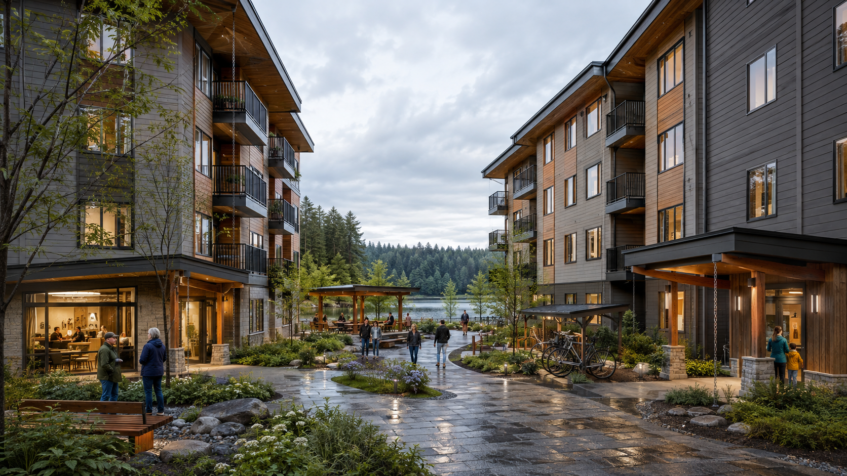 Concept rendering of the shared pedestrian courtyard between the Lake Commons buildings