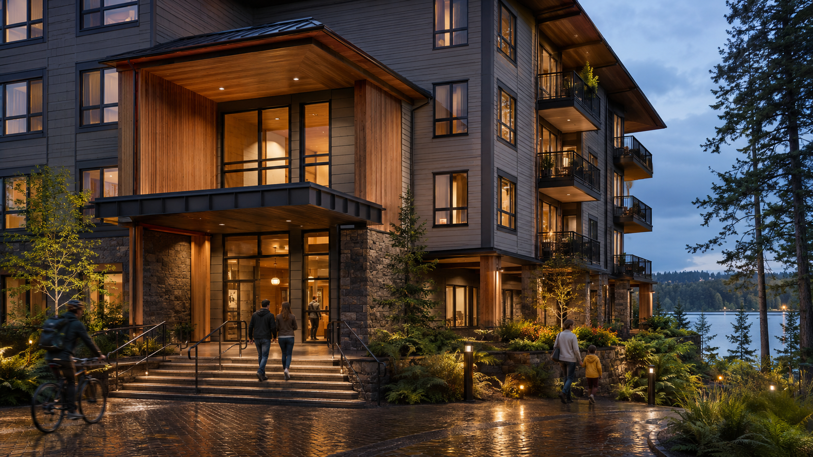 Concept rendering showing a detailed covered entrance and balconies at Lake Commons