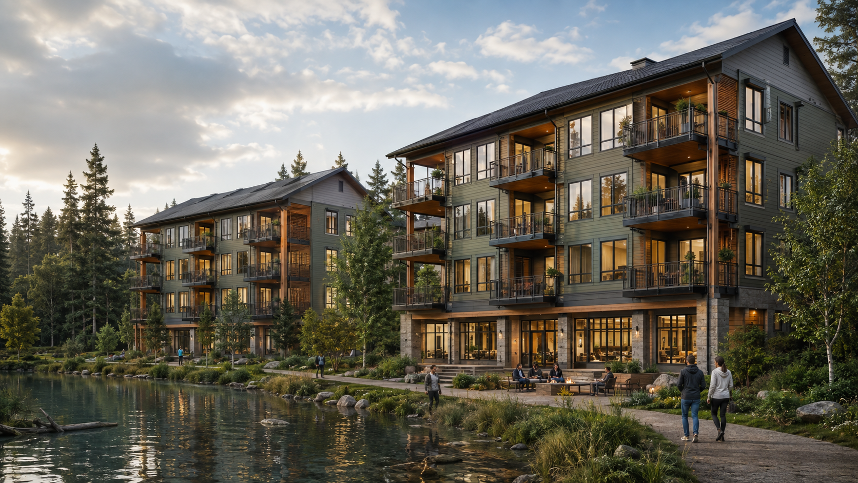 Concept rendering of two four-story Lake Commons residential buildings overlooking the lake