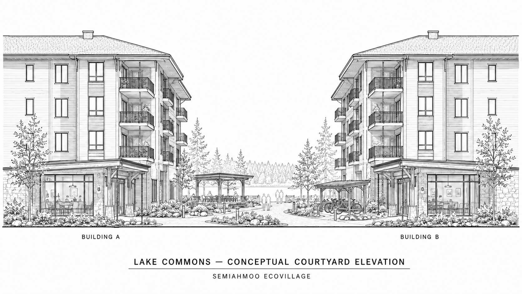 Black-and-white conceptual courtyard elevation between Lake Commons Buildings A and B