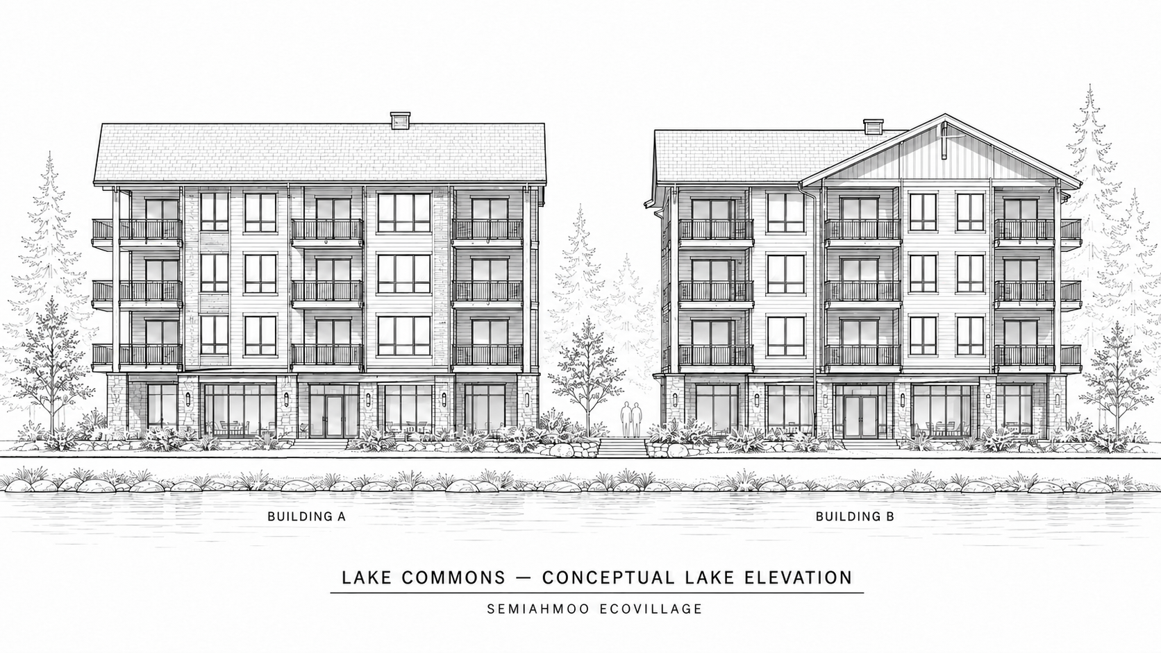 Black-and-white conceptual lake elevation of Lake Commons Buildings A and B